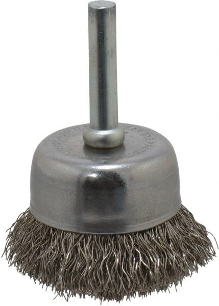 Made in USA - 1-3/4" Diam, 1/4" Shank Crimped Wire Stainless Steel Cup Brush - 0.0104" Filament Diam, 3/4" Trim Length, 13,000 Max RPM - Exact Tooling