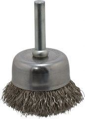 Made in USA - 1-3/4" Diam, 1/4" Shank Crimped Wire Stainless Steel Cup Brush - 0.0104" Filament Diam, 3/4" Trim Length, 13,000 Max RPM - Exact Tooling