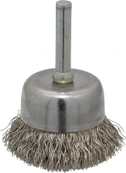 Made in USA - 1-3/4" Diam, 1/4" Shank Crimped Wire Stainless Steel Cup Brush - 0.0118" Filament Diam, 3/4" Trim Length, 13,000 Max RPM - Exact Tooling