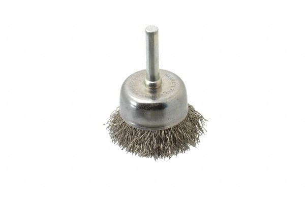 Made in USA - 1-3/4" Diam, 1/4" Shank Crimped Wire Stainless Steel Cup Brush - 0.014" Filament Diam, 3/4" Trim Length, 13,000 Max RPM - Exact Tooling
