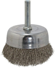 Made in USA - 2-1/4" Diam, 1/4" Shank Crimped Wire Stainless Steel Cup Brush - 0.008" Filament Diam, 5/8" Trim Length, 13,000 Max RPM - Exact Tooling