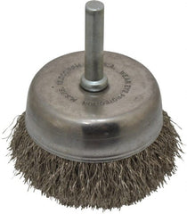 Made in USA - 2-1/4" Diam, 1/4" Shank Crimped Wire Stainless Steel Cup Brush - 0.0104" Filament Diam, 5/8" Trim Length, 13,000 Max RPM - Exact Tooling