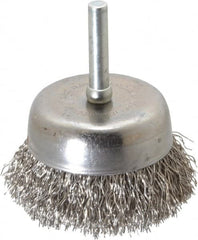 Made in USA - 2-1/4" Diam, 1/4" Shank Crimped Wire Stainless Steel Cup Brush - 0.014" Filament Diam, 5/8" Trim Length, 13,000 Max RPM - Exact Tooling
