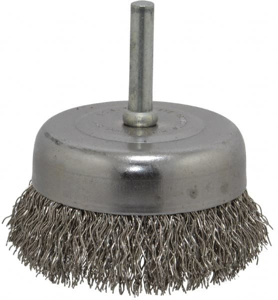 Made in USA - 2-3/4" Diam, 1/4" Shank Crimped Wire Stainless Steel Cup Brush - 0.014" Filament Diam, 7/8" Trim Length, 13,000 Max RPM - Exact Tooling