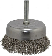 Made in USA - 2-3/4" Diam, 1/4" Shank Crimped Wire Stainless Steel Cup Brush - 0.014" Filament Diam, 7/8" Trim Length, 13,000 Max RPM - Exact Tooling