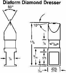 Made in USA - 0.02" Radius Single Point Diaform Diamond Dresser - 1-3/8" Long x 1/4" Shank Diam, 60° Included Angle - Exact Tooling