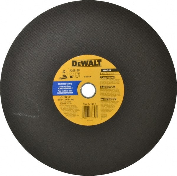 DeWALT - 14" Aluminum Oxide Cutoff Wheel - 7/64" Thick, 1" Arbor, 4,300 Max RPM, Use with Stationary Tools - Exact Tooling