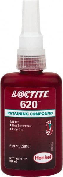 Loctite - 50 mL Bottle, Green, Medium Strength Liquid Retaining Compound - Series 620, 24 hr Full Cure Time, Heat Removal - Exact Tooling