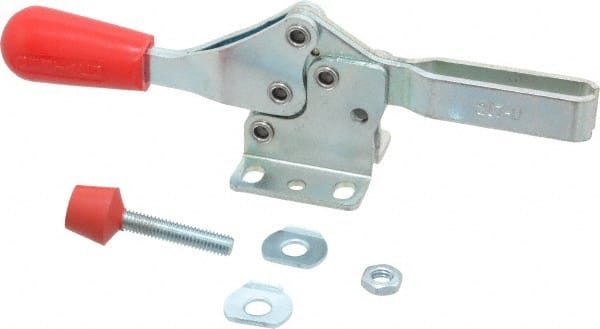 De-Sta-Co - 200 Lb Holding Capacity, Horizontal Handle, Manual Hold Down Toggle Clamp - 61° Handle Movement, 91° Bar Opening, U-Bar, Flanged Base, Electro-Plated Zinc, Carbon Steel - Exact Tooling
