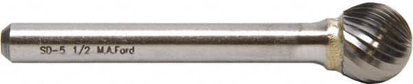 M.A. Ford - 1/2" Cut Diam, 1/4" Shank Diam, Ball Head Double Cut Burr - Carbide, Radius End, 7/16" LOC, 6-7/16" OAL - Exact Tooling
