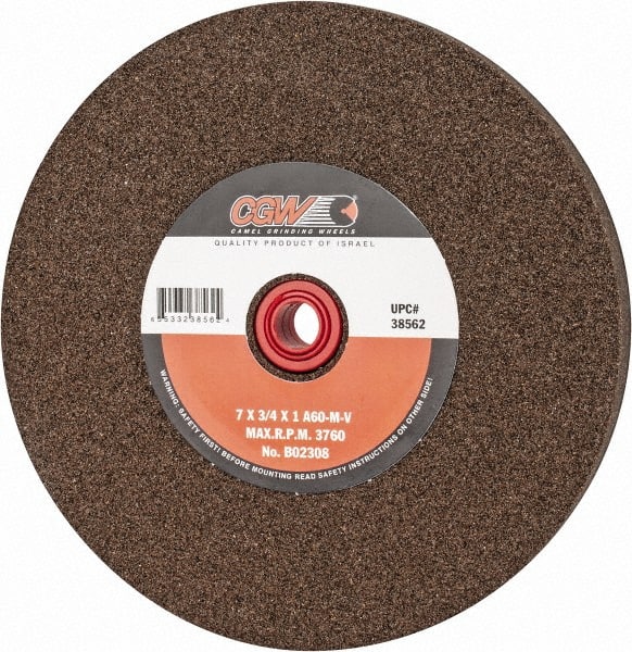 Camel Grinding Wheels - 60 Grit Aluminum Oxide Bench & Pedestal Grinding Wheel - 7" Diam x 1" Hole x 3/4" Thick, 3760 Max RPM, M Hardness, Medium Grade , Vitrified Bond - Exact Tooling