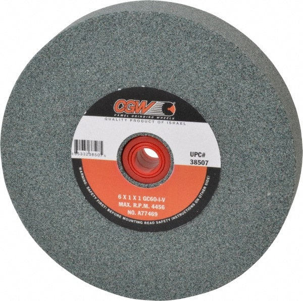 Camel Grinding Wheels - 60 Grit Silicon Carbide Bench & Pedestal Grinding Wheel - 6" Diam x 1" Hole x 1" Thick, 4456 Max RPM, I Hardness, Medium Grade , Vitrified Bond - Exact Tooling