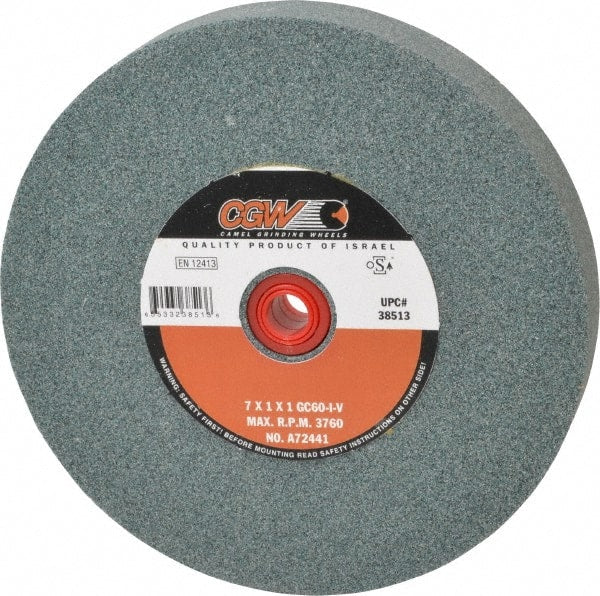 Camel Grinding Wheels - 60 Grit Silicon Carbide Bench & Pedestal Grinding Wheel - 7" Diam x 1" Hole x 1" Thick, 3760 Max RPM, I Hardness, Medium Grade , Vitrified Bond - Exact Tooling