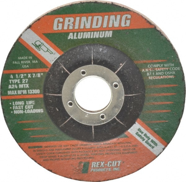 Rex Cut Product - 24 Grit, 4-1/2" Wheel Diam, 1/4" Wheel Thickness, 7/8" Arbor Hole, Type 27 Depressed Center Wheel - Aluminum Oxide, Resinoid Bond, 13,300 Max RPM, Compatible with Angle Grinder - Exact Tooling