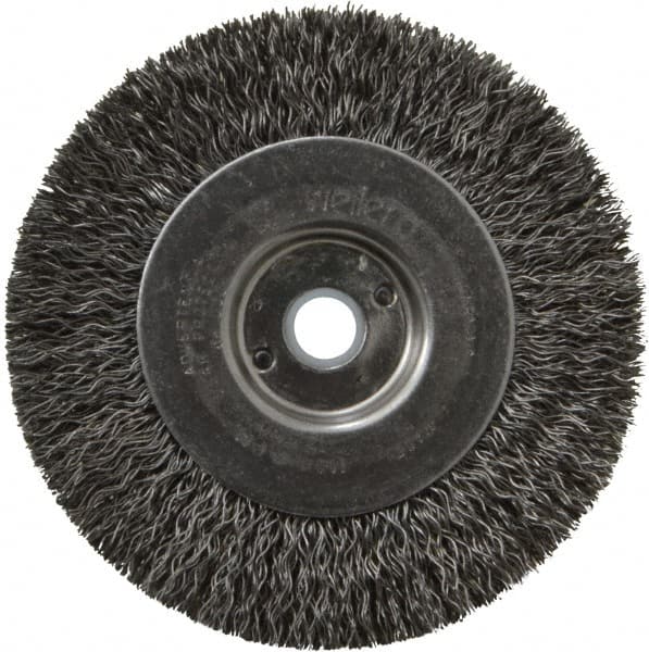 Weiler - 4" OD, 1/2" Arbor Hole, Crimped Steel Wheel Brush - 1/2" Face Width, 7/8" Trim Length, 0.014" Filament Diam, 12,500 RPM - Exact Tooling