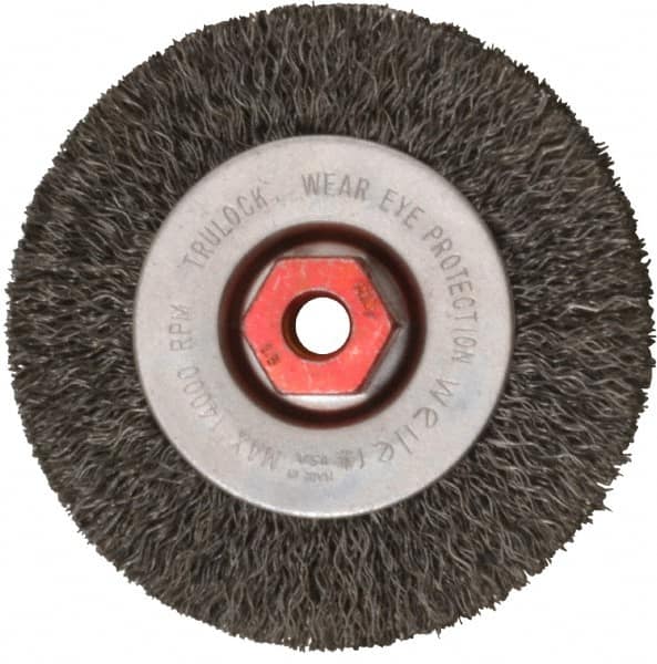 Weiler - 4" OD, M10x1.50 Arbor Hole, Crimped Steel Wheel Brush - 1/2" Face Width, 7/8" Trim Length, 0.014" Filament Diam, 14,000 RPM - Exact Tooling