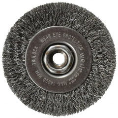 Weiler - 4" OD, 1/2-13 Arbor Hole, Crimped Steel Wheel Brush - 1/2" Face Width, 7/8" Trim Length, 0.014" Filament Diam, 14,000 RPM - Exact Tooling