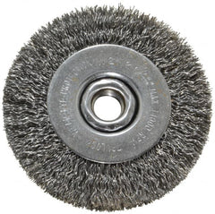 Weiler - 4" OD, 5/8-11 Arbor Hole, Crimped Steel Wheel Brush - 1/2" Face Width, 7/8" Trim Length, 0.014" Filament Diam, 14,000 RPM - Exact Tooling