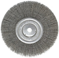 Weiler - 8" OD, 5/8" Arbor Hole, Crimped Steel Wheel Brush - 3/4" Face Width, 2-1/16" Trim Length, 0.0104" Filament Diam, 6,000 RPM - Exact Tooling
