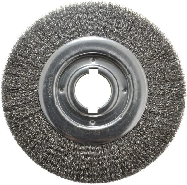 Weiler - 10" OD, 2" Arbor Hole, Crimped Steel Wheel Brush - 1-1/8" Face Width, 2" Trim Length, 0.014" Filament Diam, 3,600 RPM - Exact Tooling