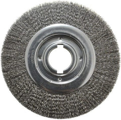 Weiler - 10" OD, 2" Arbor Hole, Crimped Steel Wheel Brush - 1-1/8" Face Width, 2" Trim Length, 0.014" Filament Diam, 3,600 RPM - Exact Tooling