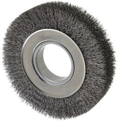 Weiler - 6" OD, 2" Arbor Hole, Crimped Steel Wheel Brush - 1-1/4" Face Width, 1-1/8" Trim Length, 0.0118" Filament Diam, 6,000 RPM - Exact Tooling