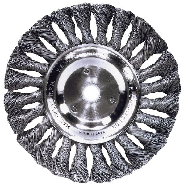 Weiler - 4" OD, M14x2.00 Arbor Hole, Knotted Steel Wheel Brush - 1/2" Face Width, 7/8" Trim Length, 0.014" Filament Diam, 20,000 RPM - Exact Tooling