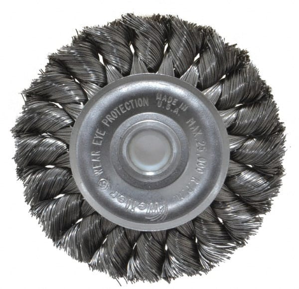 Weiler - 3" OD, 1/2" Arbor Hole, Knotted Steel Wheel Brush - 3/8" Face Width, 5/8" Trim Length, 0.0118" Filament Diam, 25,000 RPM - Exact Tooling