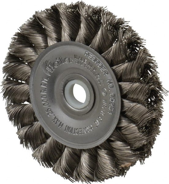 Weiler - 3" OD, 1/2" Arbor Hole, Knotted Stainless Steel Wheel Brush - 3/8" Face Width, 5/8" Trim Length, 0.0118" Filament Diam, 25,000 RPM - Exact Tooling