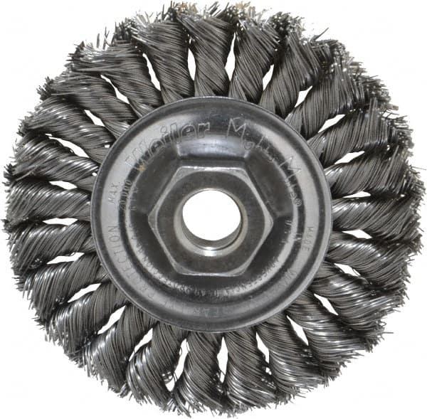 Weiler - 4" OD, 5/8-11 Arbor Hole, Knotted Steel Wheel Brush - 1/2" Face Width, 7/8" Trim Length, 0.014" Filament Diam, 20,000 RPM - Exact Tooling