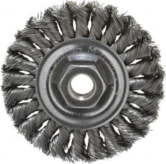 Weiler - 4" OD, 5/8-11 Arbor Hole, Knotted Steel Wheel Brush - 1/2" Face Width, 7/8" Trim Length, 0.014" Filament Diam, 20,000 RPM - Exact Tooling