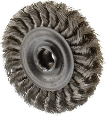 Weiler - 4" OD, 1/2-13 Arbor Hole, Knotted Stainless Steel Wheel Brush - 1/2" Face Width, 7/8" Trim Length, 0.014" Filament Diam, 20,000 RPM - Exact Tooling