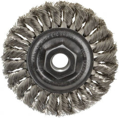 Weiler - 4" OD, 5/8-11 Arbor Hole, Knotted Stainless Steel Wheel Brush - 1/2" Face Width, 7/8" Trim Length, 0.014" Filament Diam, 20,000 RPM - Exact Tooling