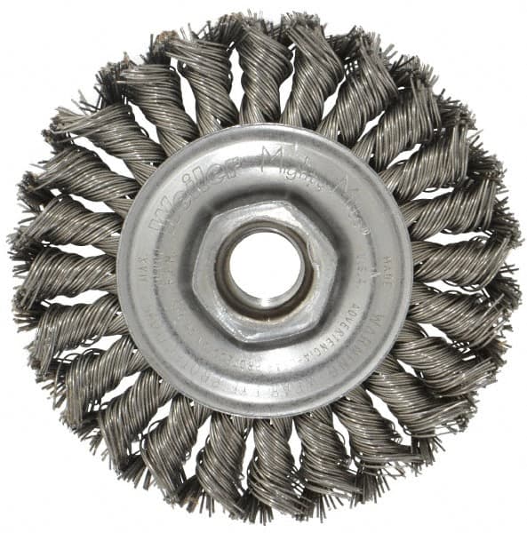 Weiler - 4" OD, 5/8-11 Arbor Hole, Knotted Steel Wheel Brush - 1/2" Face Width, 7/8" Trim Length, 0.02" Filament Diam, 20,000 RPM - Exact Tooling
