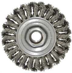 Weiler - 4" OD, 5/8-11 Arbor Hole, Knotted Steel Wheel Brush - 1/2" Face Width, 7/8" Trim Length, 0.02" Filament Diam, 20,000 RPM - Exact Tooling