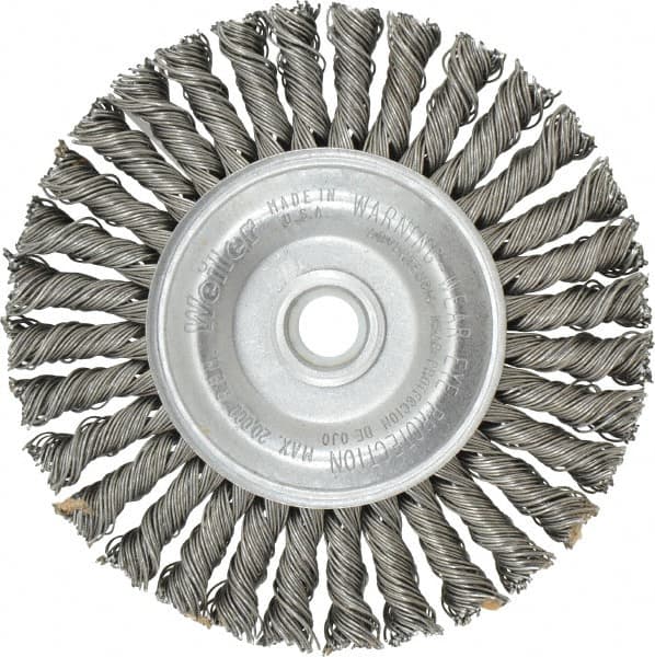 Weiler - 4" OD, 1/2" Arbor Hole, Knotted Steel Wheel Brush - 3/16" Face Width, 7/8" Trim Length, 0.02" Filament Diam, 20,000 RPM - Exact Tooling