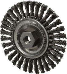 Weiler - 4" OD, 3/8-24 Arbor Hole, Knotted Steel Wheel Brush - 3/16" Face Width, 7/8" Trim Length, 0.02" Filament Diam, 20,000 RPM - Exact Tooling