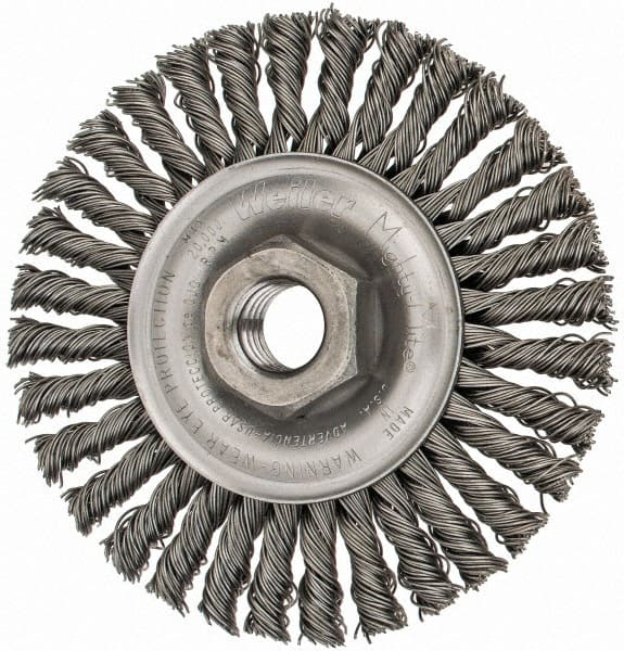 Weiler - 4" OD, 5/8-11 Arbor Hole, Knotted Steel Wheel Brush - 3/16" Face Width, 7/8" Trim Length, 0.02" Filament Diam, 20,000 RPM - Exact Tooling