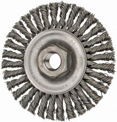 Weiler - 4" OD, 5/8-11 Arbor Hole, Knotted Steel Wheel Brush - 3/16" Face Width, 7/8" Trim Length, 0.02" Filament Diam, 20,000 RPM - Exact Tooling