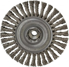 Weiler - 4" OD, 3/8-24 Arbor Hole, Knotted Stainless Steel Wheel Brush - 3/16" Face Width, 7/8" Trim Length, 0.02" Filament Diam, 20,000 RPM - Exact Tooling