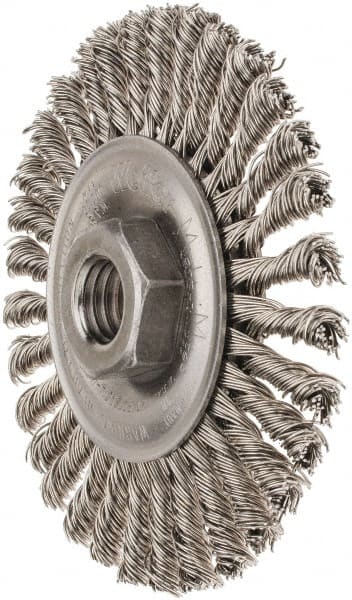Weiler - 4" OD, 5/8-11 Arbor Hole, Knotted Stainless Steel Wheel Brush - 3/16" Face Width, 7/8" Trim Length, 0.02" Filament Diam, 20,000 RPM - Exact Tooling