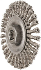 Weiler - 4" OD, 5/8-11 Arbor Hole, Knotted Stainless Steel Wheel Brush - 3/16" Face Width, 7/8" Trim Length, 0.02" Filament Diam, 20,000 RPM - Exact Tooling