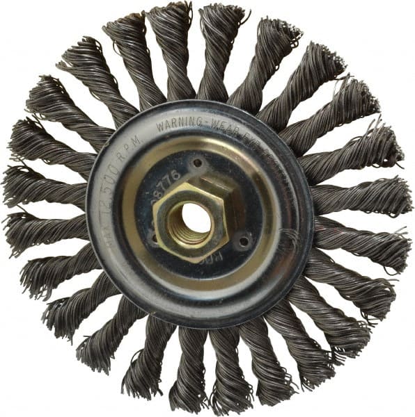 Weiler - 6" OD, 5/8-11 Arbor Hole, Knotted Steel Wheel Brush - 1/2" Face Width, 1-3/8" Trim Length, 0.023" Filament Diam, 12,500 RPM - Exact Tooling