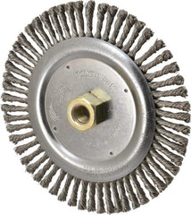 Weiler - 6-7/8" OD, 5/8-11 Arbor Hole, Knotted Stainless Steel Wheel Brush - 3/16" Face Width, 1-1/8" Trim Length, 0.02" Filament Diam, 9,000 RPM - Exact Tooling