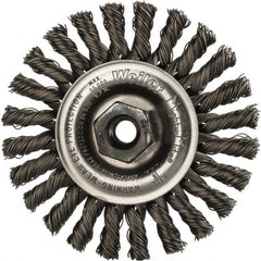 Weiler - 4" OD, M10x1.25 Arbor Hole, Knotted Steel Wheel Brush - 1/4" Face Width, 7/8" Trim Length, 0.02" Filament Diam, 20,000 RPM - Exact Tooling