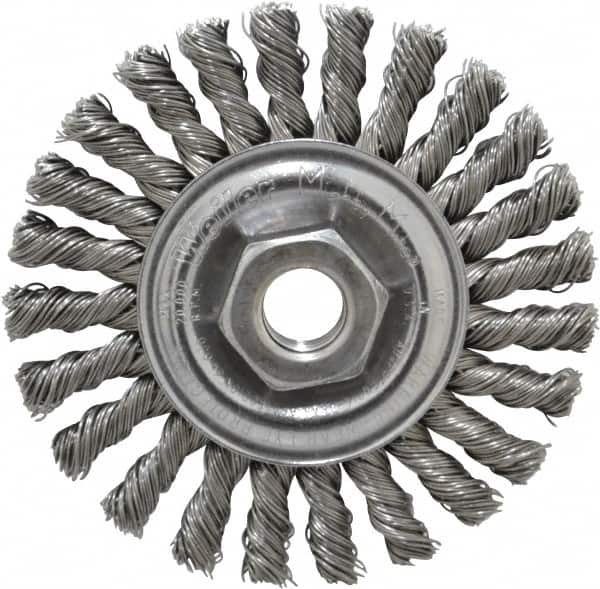 Weiler - 4" OD, 5/8-11 Arbor Hole, Knotted Steel Wheel Brush - 1/4" Face Width, 7/8" Trim Length, 0.02" Filament Diam, 20,000 RPM - Exact Tooling