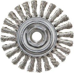 Weiler - 4" OD, 5/8-11 Arbor Hole, Knotted Stainless Steel Wheel Brush - 1/4" Face Width, 7/8" Trim Length, 0.02" Filament Diam, 20,000 RPM - Exact Tooling