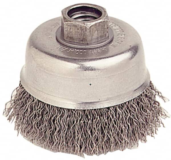 Weiler - 3-1/2" Diam, 1/2-13 Threaded Arbor, Stainless Steel Fill Cup Brush - 0.014 Wire Diam, 7/8" Trim Length, 12,000 Max RPM - Exact Tooling