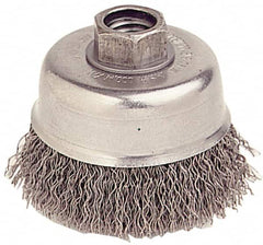 Weiler - 5" Diam, 5/8-11 Threaded Arbor, Stainless Steel Fill Cup Brush - 0.02 Wire Diam, 1-1/4" Trim Length, 8,000 Max RPM - Exact Tooling