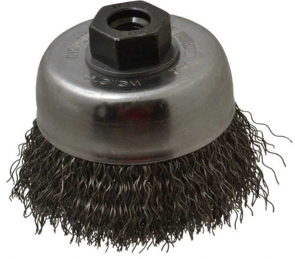 Weiler - 3" Diam, M10x1.25 Threaded Arbor, Steel Fill Cup Brush - 0.014 Wire Diam, 7/8" Trim Length, 14,000 Max RPM - Exact Tooling